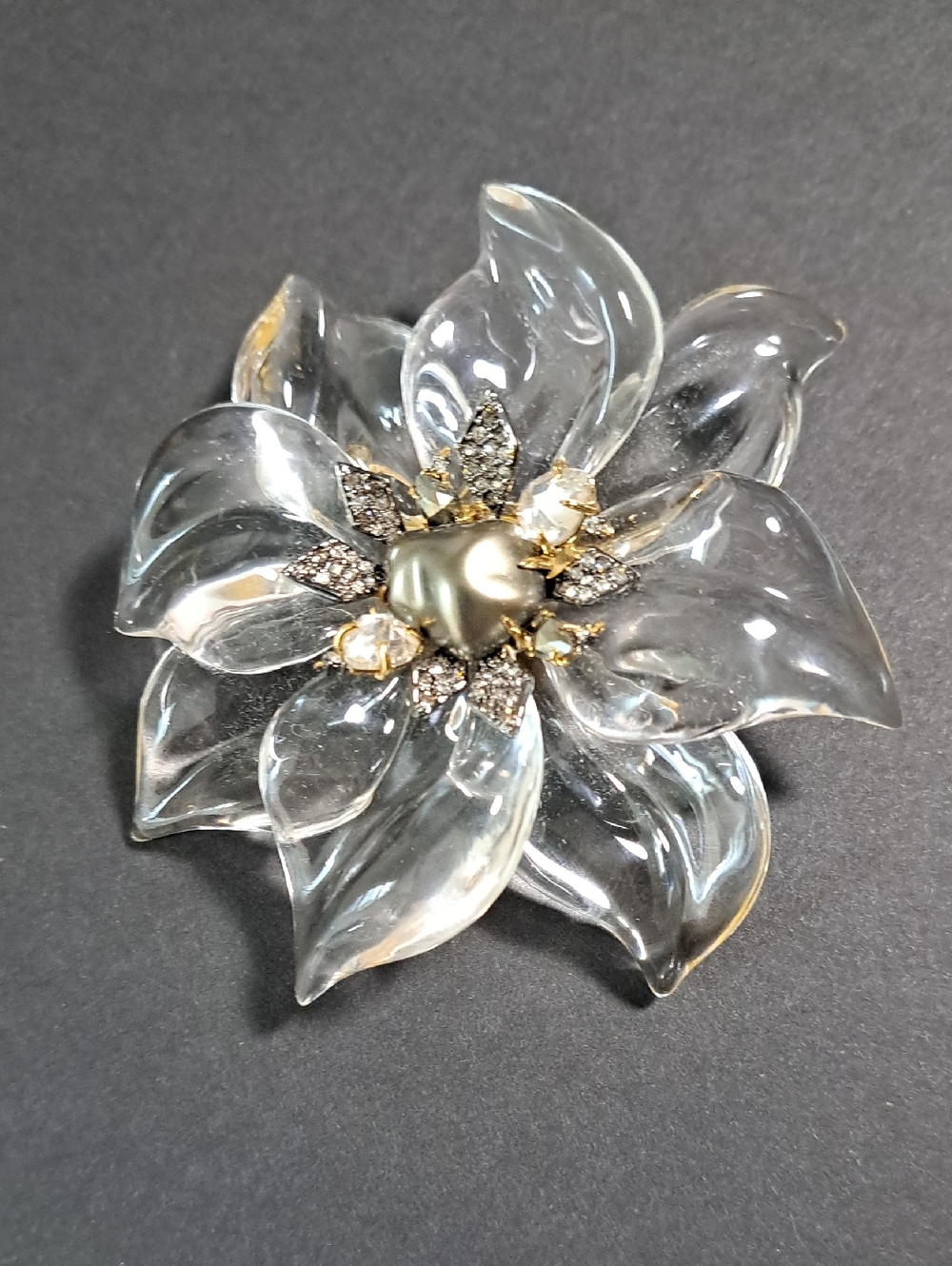 Alexis Bittar Vintage RARE Clear Lucite Floral Brooch Swarovski Crystal EUC